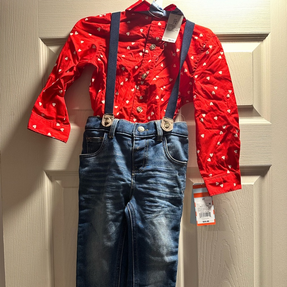 NWT boys Valentine’s outfit with suspenders